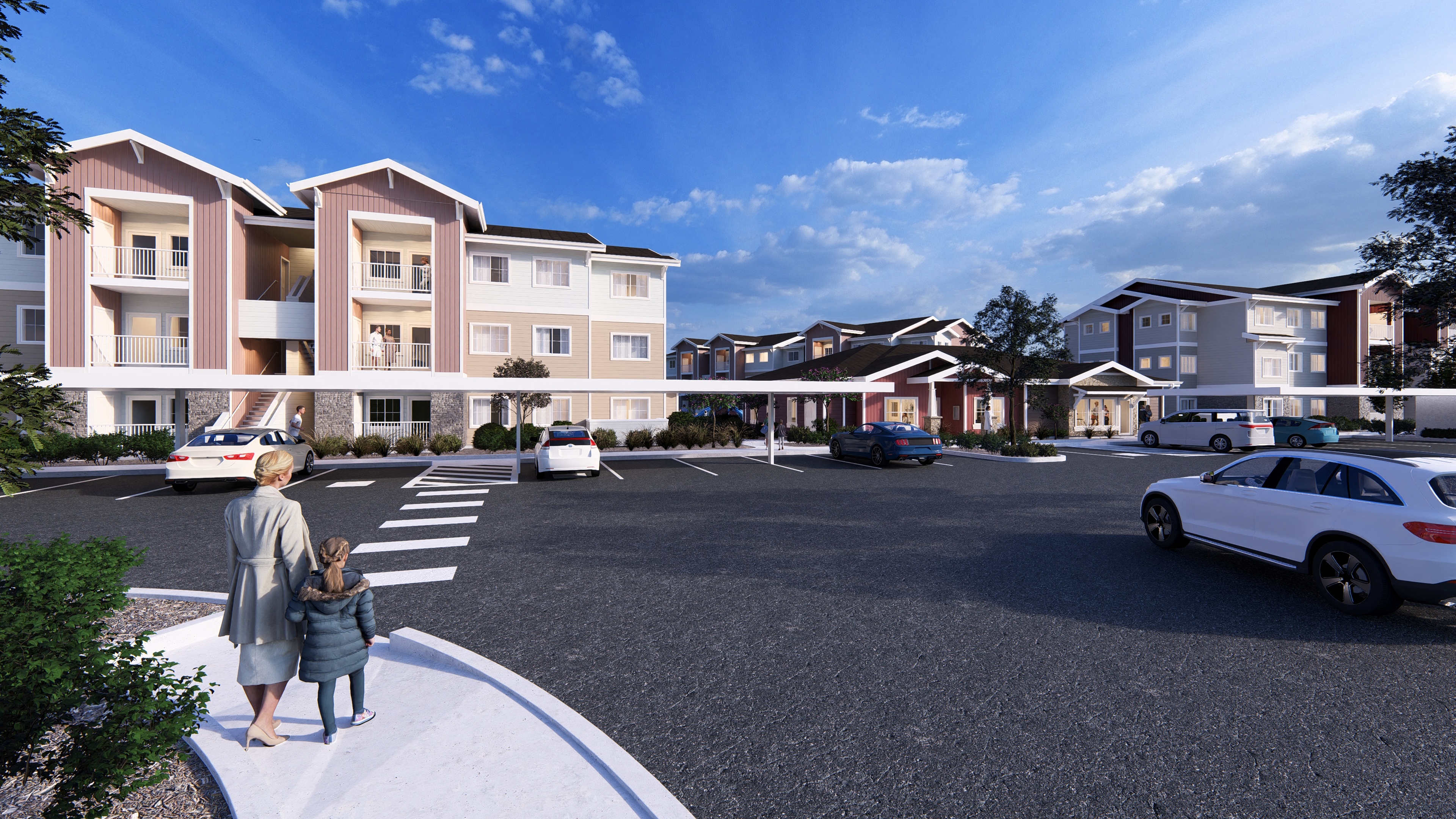a rendering of a woman and a child walking across a street in front of apartments